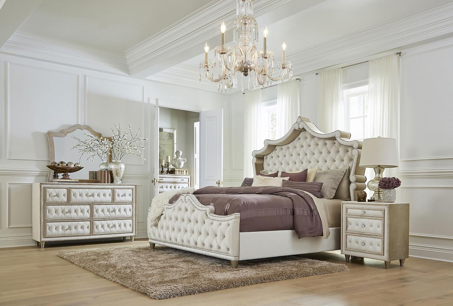 Coaster Home Furnishings - Antonella - Wood - 3-Drawer Upholstered Nightstand with Velvet Upholstery, Button Tufting, Crystal-Like Buttons and Tapered Legs - Bedroom - Ivory and Camel - 223522