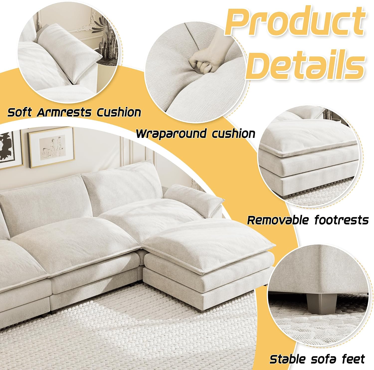 Shahoo Sectional Modular Sofa L Shaped Chenille Fabric Couch with High Supportive & Soft Sponges and Removable Ottoman, Sleeper Comfy Upholstered Furniture for Living Room, Bright Beige
