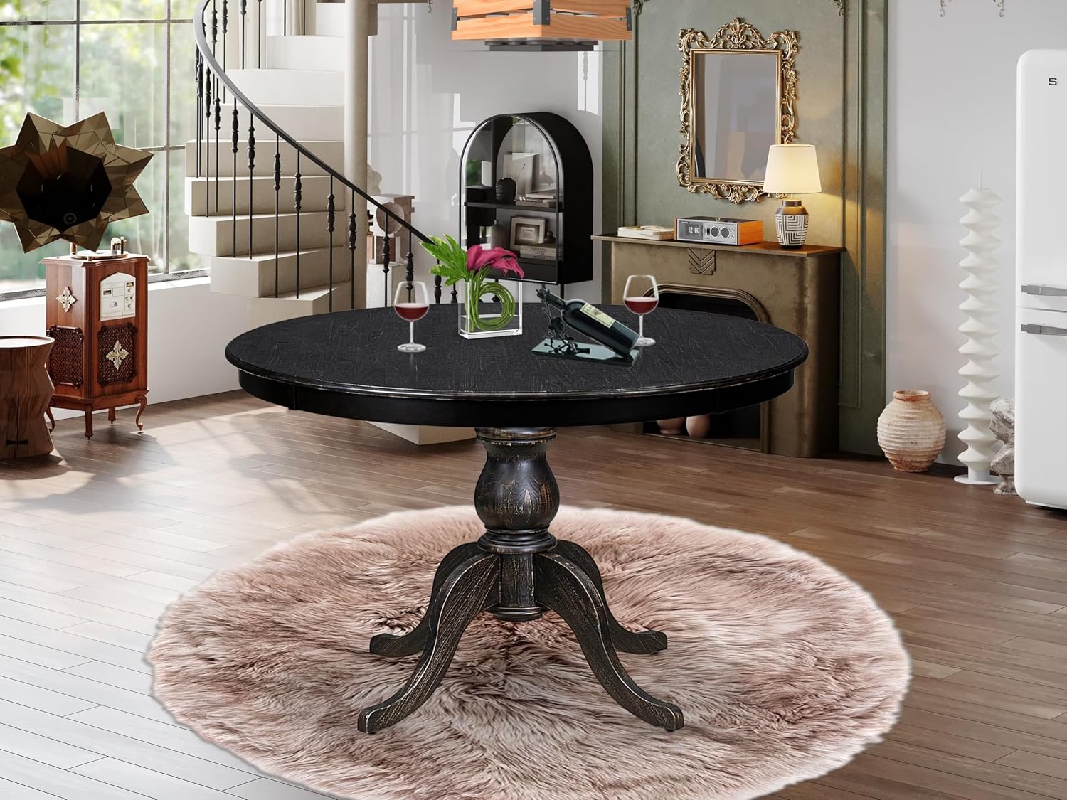 FE6-11-TP Wooden Kitchen Table with Acacia Wood Round Tabletop and Stylish Pedestal Base - Sand Blasted Black Finish