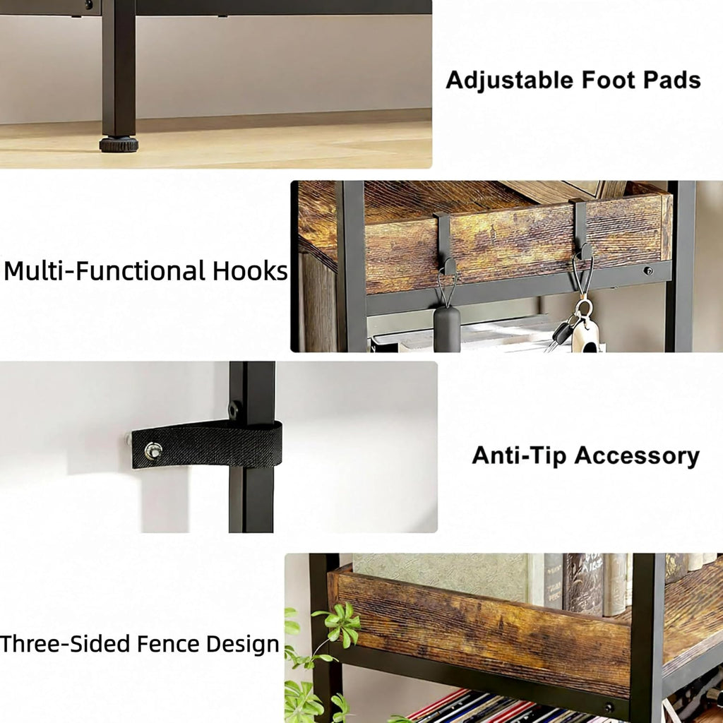 Simple Deluxe 5-Tier Industrial L-Shaped Corner Bookshelf 65', Open Storage Shelving with Hooks & Edge Trim, Sturdy Metal Wood Frame for Living Room, Bedroom, Home Office, Kitchen, Brown