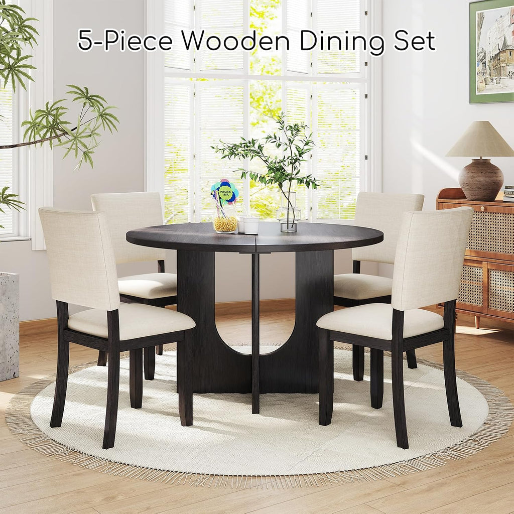 Zevemomo 47.3' Round Solid Wood Dining Table Set for 4, 5-Piece Kitchen Table Set with 4 Upholstered Chairs, Modern Round Dining Sets for Kitchen, Living Room, Black