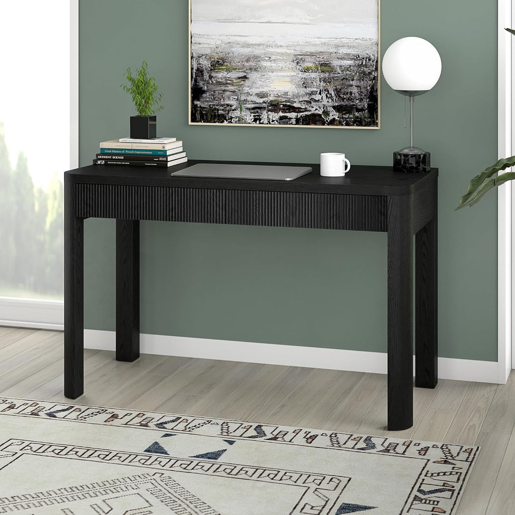 Henn&Hart 48' Fluted Modern Rectangular Wooden Home Office Desk Computer Desk Writing Table with 2 Ribbed Storage Drawers for Bedroom, Living Room, or Home Office, Natural Black