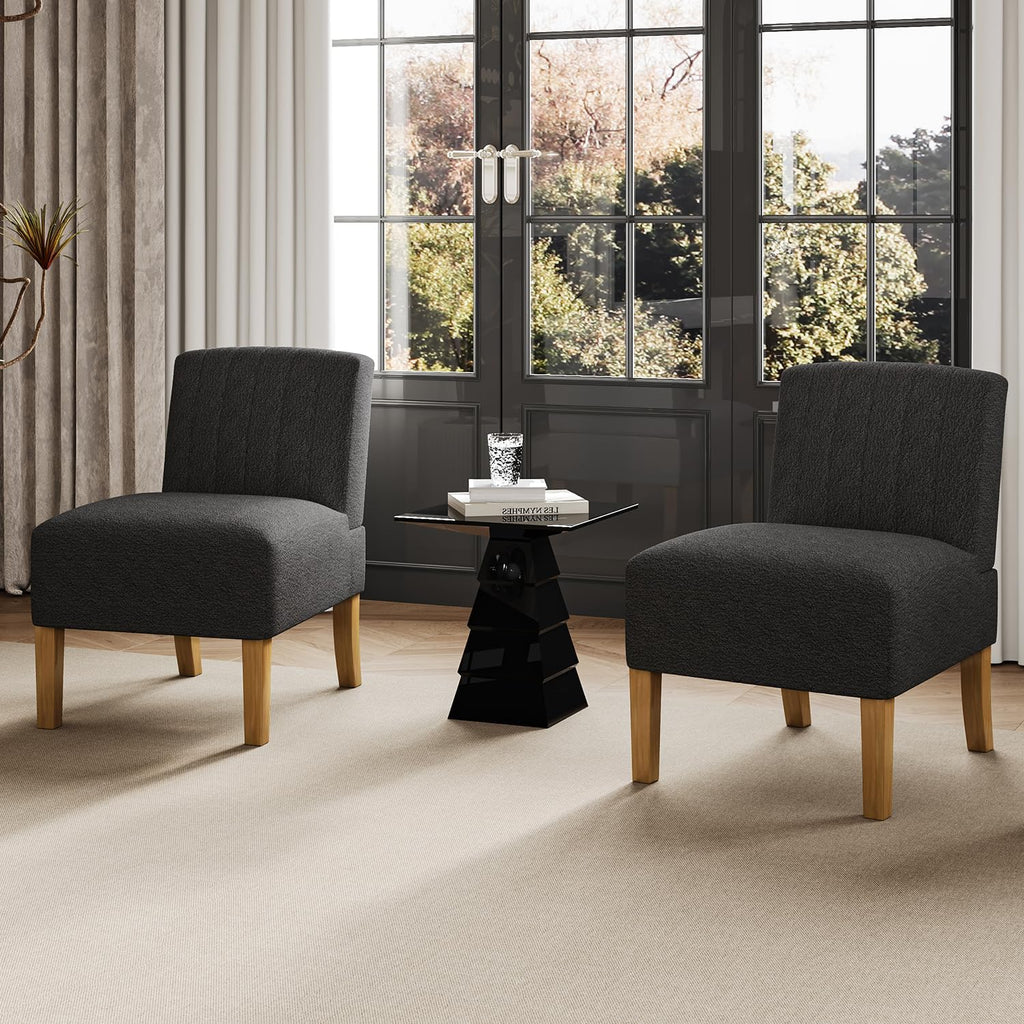 VIRRMO Armless Accent Chairs Set of 2 for Living Room, Modern Slipper Chair Living Room Chairs with Solid Wood Legs, Makeup Vanity Chair Fabric Comfy Upholstered Arm Chair Accent Chair,Black