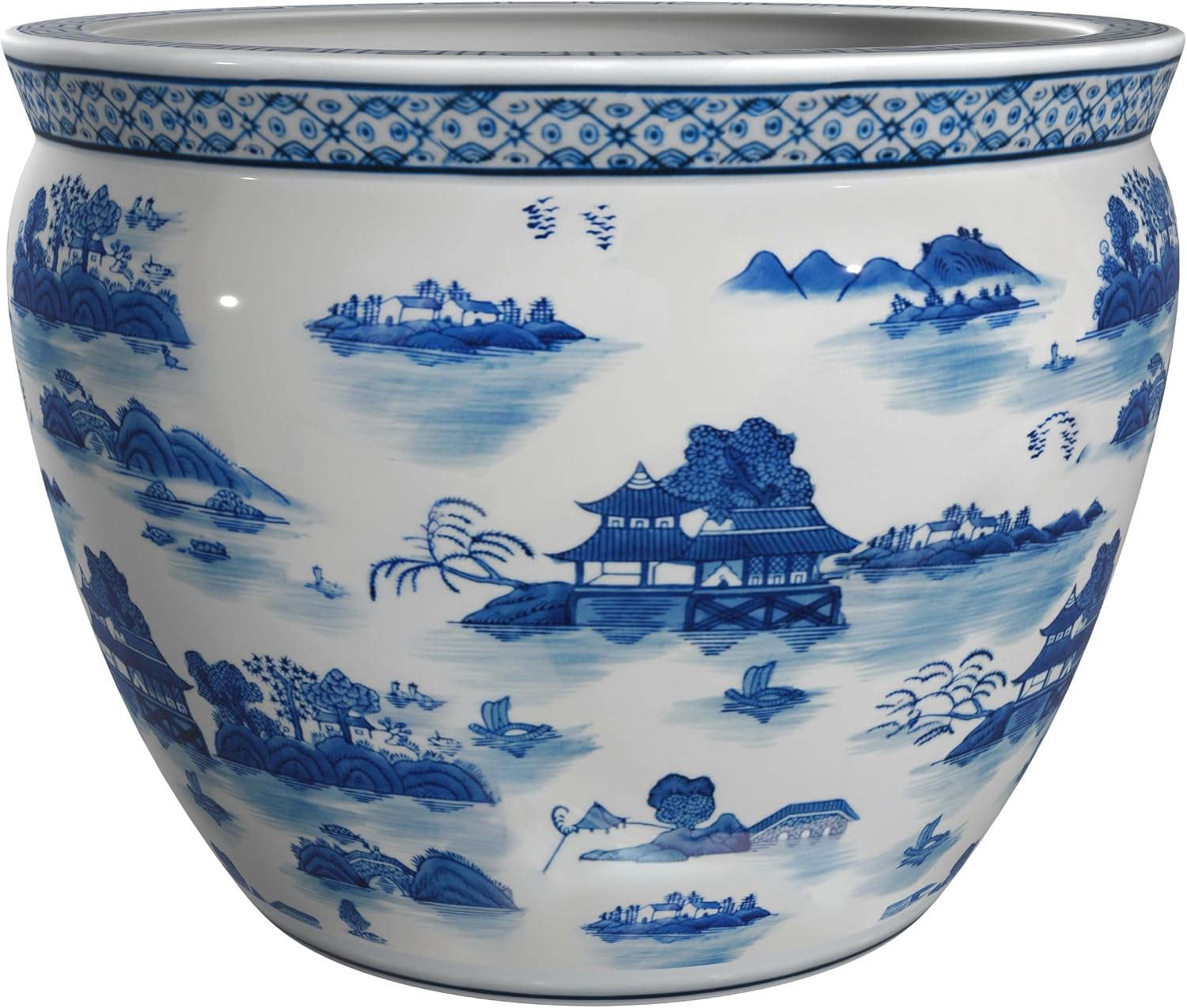 Red Lantern 16' Landscape Blue & White Porcelain Fishbowl Planter or Cachepot for Indoor/Outdoor Use in Garden Entryway Living Room Boho Eclectic Modern Contemporary Classic Traditional Style Decor
