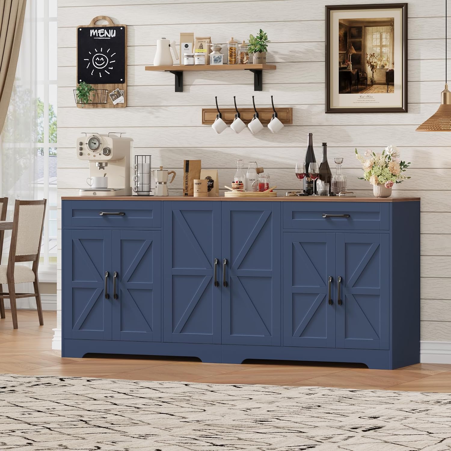 71' Large Sideboard Buffet Cabinet with Storage, Farmhouse Kitchen Buffet Cabinet with Adjustable Shelves and 6 Barn Doors, Wood Coffee Wine Bar Console Table for Kitchen, Dining Room, Navy Blue