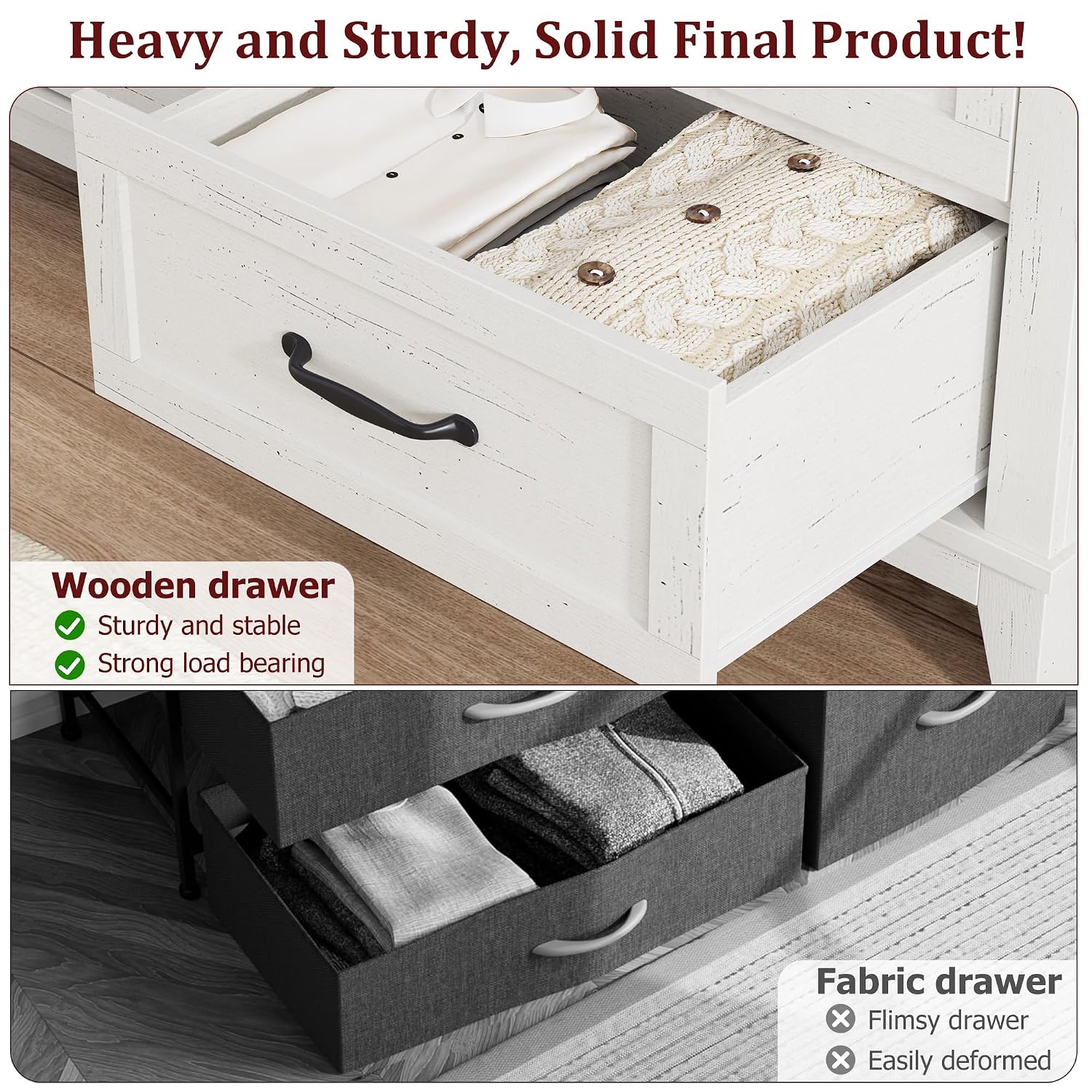 GarveeHome 6 Dresser for Bedroom, 47 in Wide Drawer Dresser with Storage Freestanding, Wooden Closet Storage Chest for Living Room, Bedroom, Entryway, Ash White