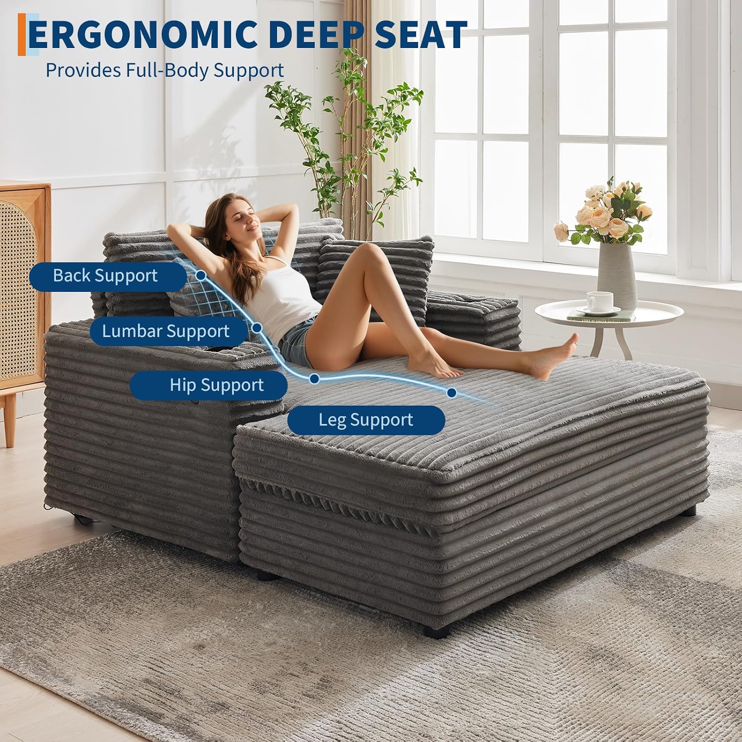 GarveeHome 60-inch Oversized Chaise Lounge Chair Indoor, Comfy Corduroy Lounge Sofa with Charging Station, Cup Holders & Throw Pillows, Cozy Sleeper Couch for Living Room Apartments, Grey