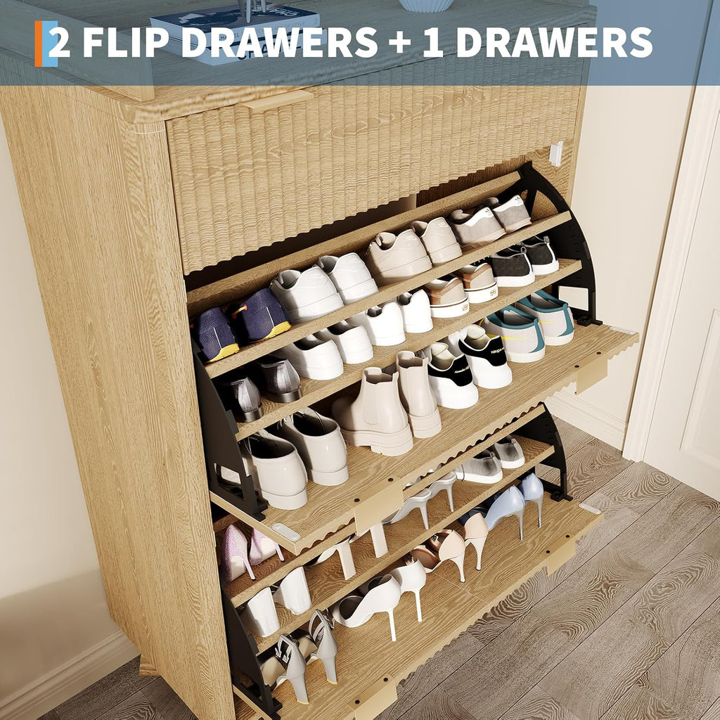 IDEALHOUSE 48' Tall Freestanding Fluted Shoe Storage Cabinet with 2 Flip Drawers, Hidden Narrow Shoe Rack Organizer Cabinet Storage for Entryway Living Room