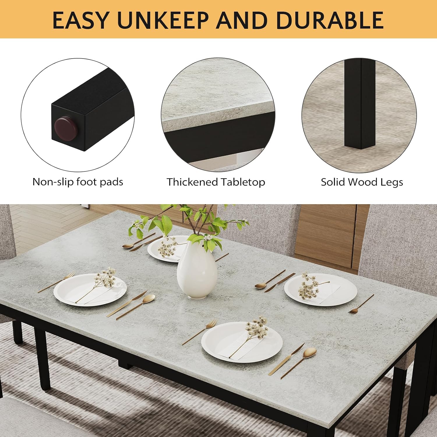 Zevemomo 6-Piece Wood Dining Table Set with Extra-Thick Cushions, Including 1 Dinner Table, 4 Upholstered Chairs and 1 Bench, Wooden Legs Dining Set for Dining Room, Kitchen, Restaurant, Black