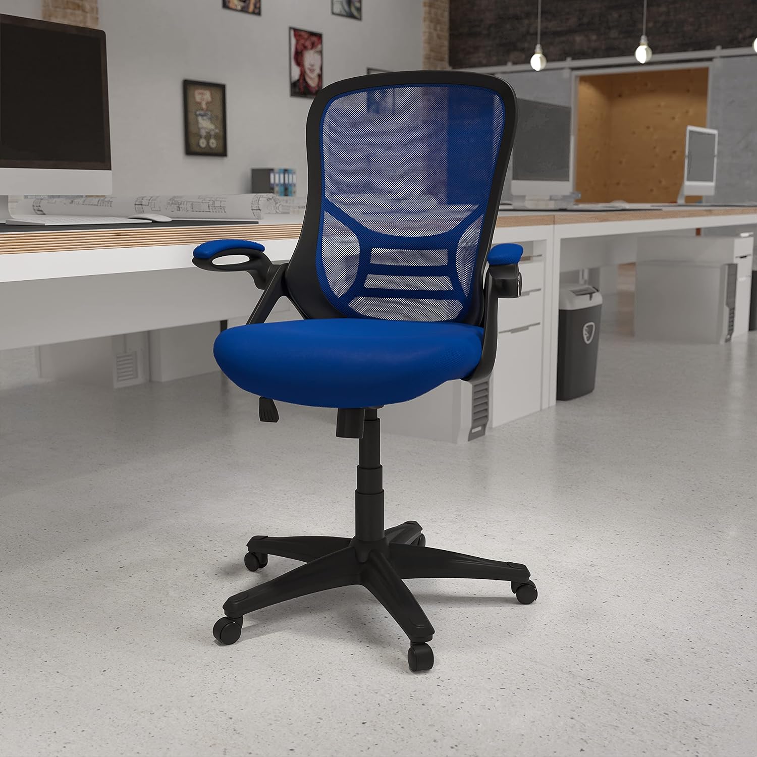 Flash Furniture Porter High-Back Swivel Office Chair with Adjustable Lumbar Support and Seat Height, Ergonomic Mesh Desk Chair with Flip-Up Armrests, Blue/Black