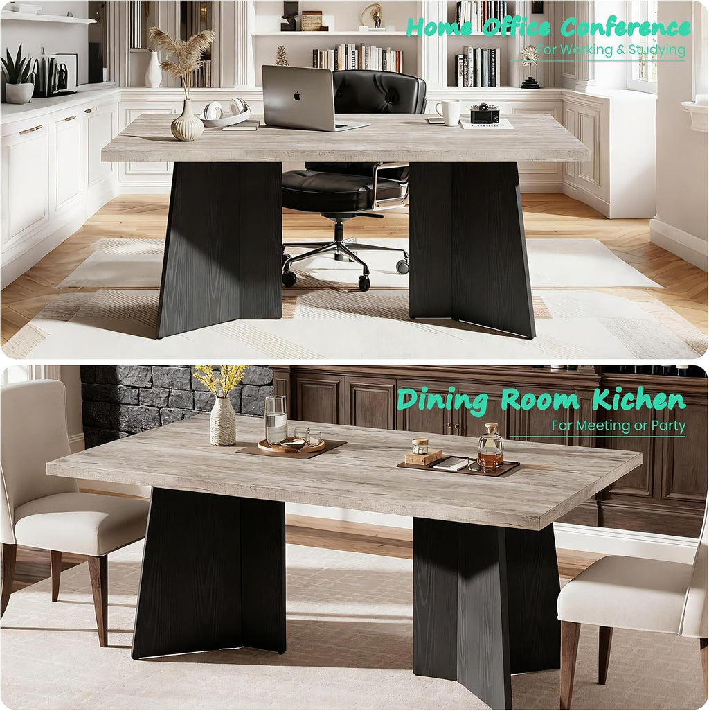 GarveeHome Dining Table for 6-8 People - 63' Modern Long Kitchen Table with Large Tabletop & Pedestal Legs, Dinner Table for Kitchen, Conference Room, Home, Grey & Black