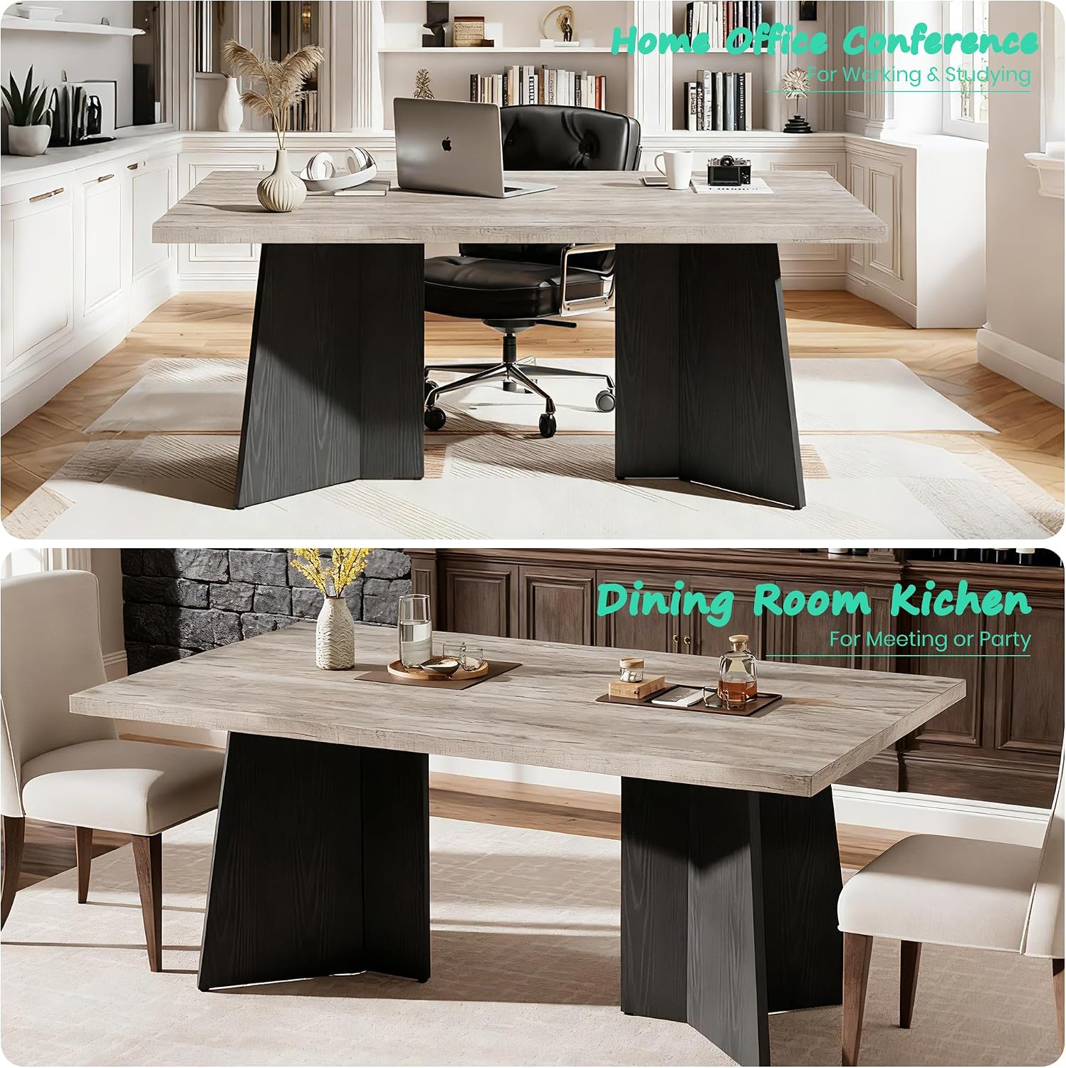 GarveeHome Dining Table for 6-8 People - 63' Modern Long Kitchen Table with Large Tabletop & Pedestal Legs, Dinner Table for Kitchen, Conference Room, Home, Grey & Black