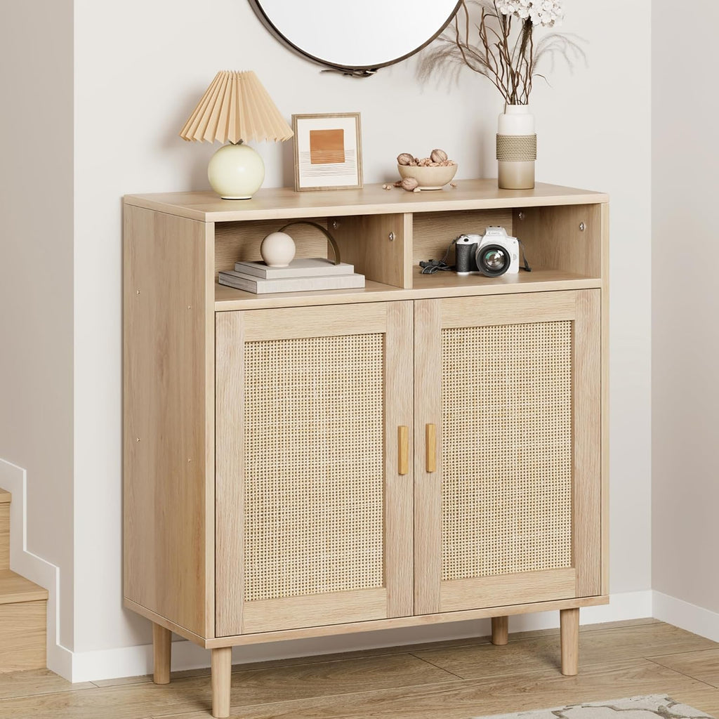 IDEALHOUSE Sideboard Buffet Storage Cabinet, Rattan Kitchen Cabinet with 2 Doors/Shelf, Accent Modern Dining Living Room Entry Hallway Coffee Bar Furniture for Home Decor,36''H