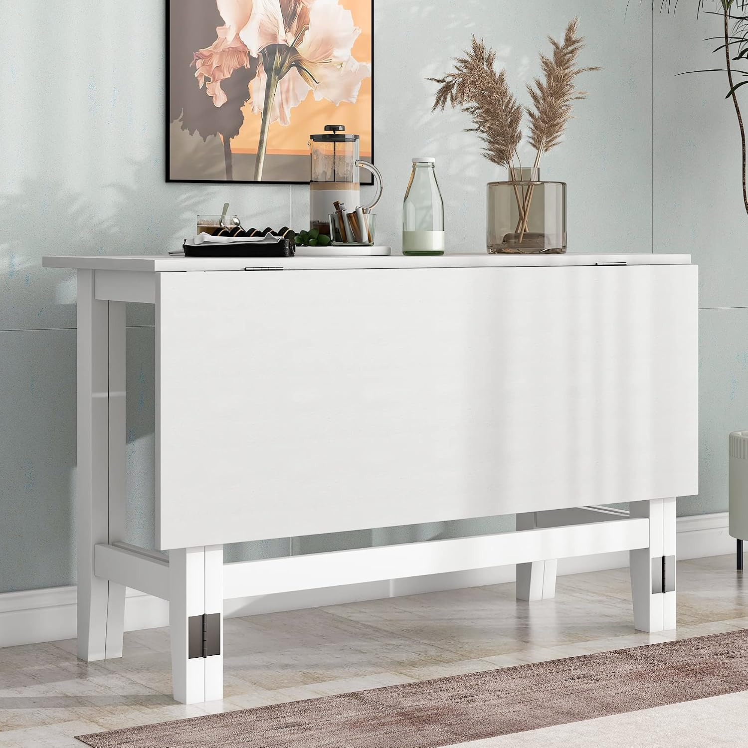 Merax Farmhouse Wood Extendable Dining Table with Drop Leaf for Small Places, Modern Freestanding Scalable Desk for Kitchen & Living Room, White