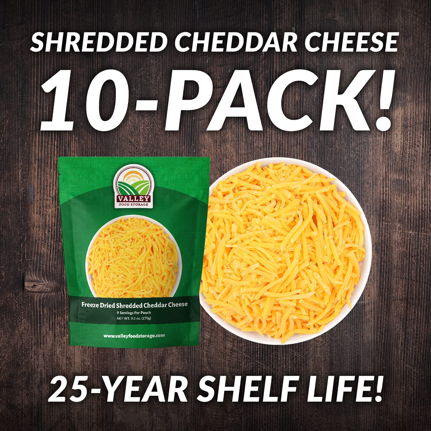 Valley Food Storage Freeze Dried Shredded Cheddar Cheese | 10-Bag Bucket, 95 oz | Premium Emergency Food Supply, 25 Year Shelf Life | Non-GMO Prepper Food for Cooking, Camping & Long-Term Storage