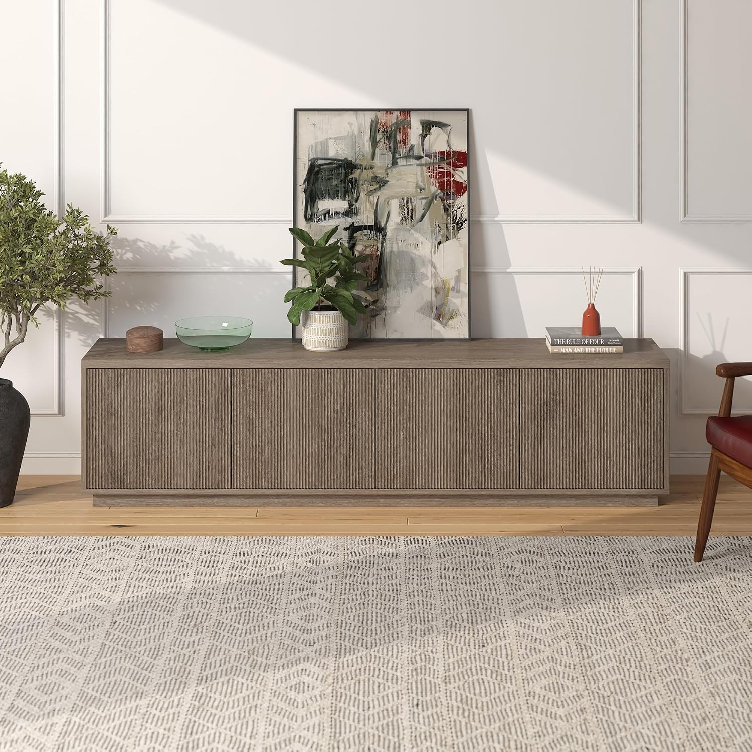Henn&Hart Fluted TV Stand for TVs up to 85' with 2 Concealed Ribbed Storage Cabinets and Adjustable Shelves for Living Room, Family Room, or Office, Weathered Gray