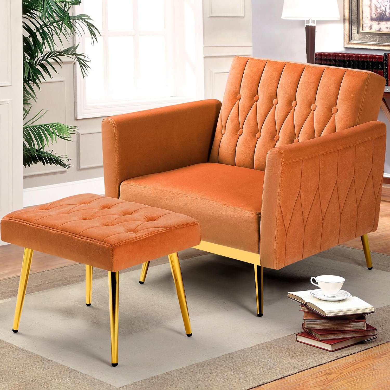 Velvet Accent Chair w/Adjustable Armrests and Backrest, Button Tufted Lounge Chair, Single Recliner Armchair with Ottoman and Pillow for Living Room, Bedroom,Orange