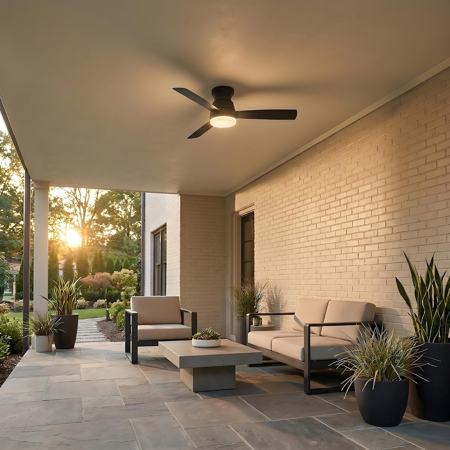 Hinkley Trey 52' Smart Ceiling Fan, Integrated LED, Wet Rated, Flush Mount, 6-Speed DC Motor, Composite Blades, HIRO Remote, Matte Black Finish