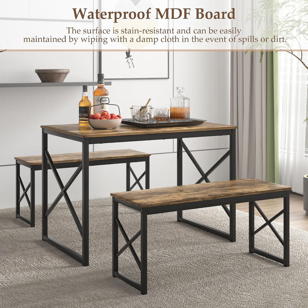 VECELO Kitchen Dining Table Benches Set for 4, 43.3' Wooden Dinette with 2 Benches, Heavy-Duty Dining Room Table for Small Space, Breakfast Nook, Brown