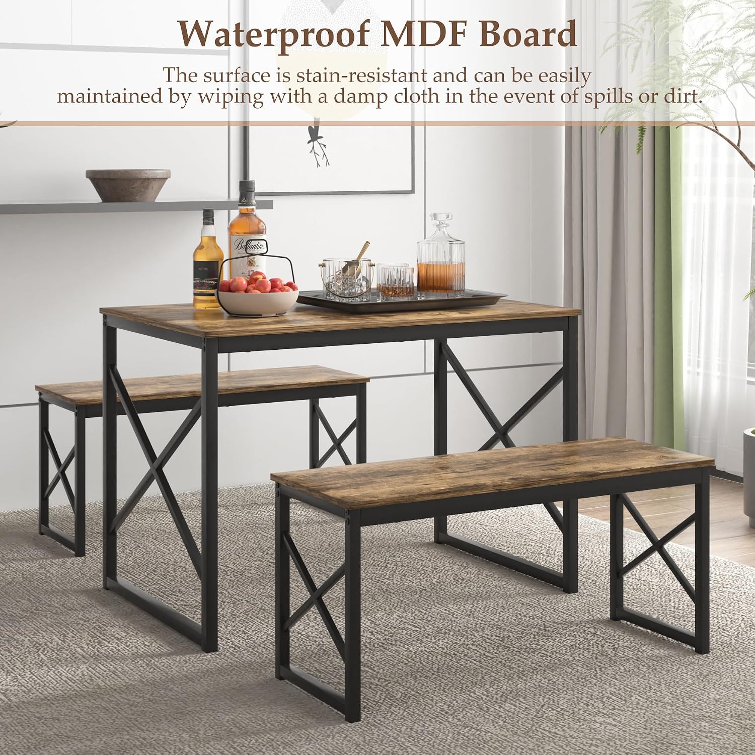 VECELO Kitchen Dining Table Benches Set for 4, 43.3' Wooden Dinette with 2 Benches, Heavy-Duty Dining Room Table for Small Space, Breakfast Nook, Brown