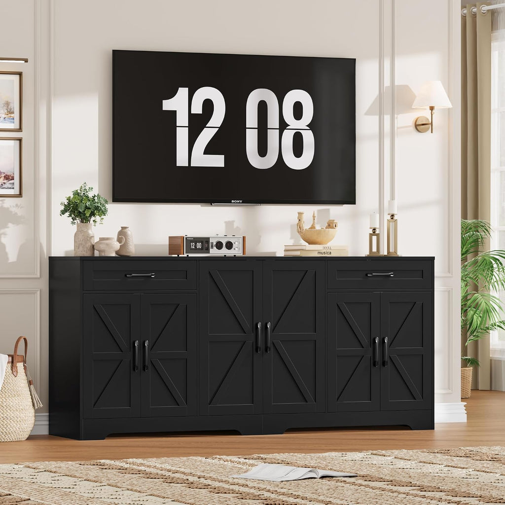 BOTLOG 71' Large Sideboard Buffet Cabinet with Storage, Farmhouse Kitchen Buffet Cabinet with Adjustable Shelves and 6 Barn Doors, Wood Coffee Wine Bar Console Table for Kitchen, Dining Room, Black