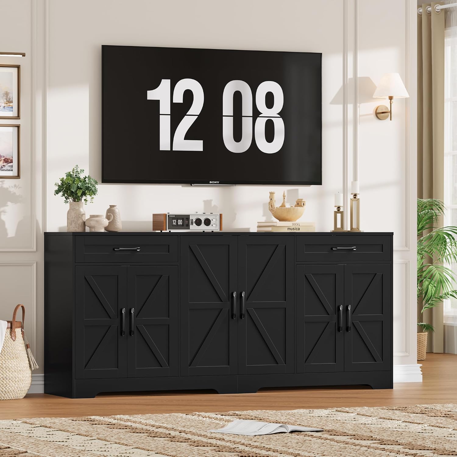 BOTLOG 71' Large Sideboard Buffet Cabinet with Storage, Farmhouse Kitchen Buffet Cabinet with Adjustable Shelves and 6 Barn Doors, Wood Coffee Wine Bar Console Table for Kitchen, Dining Room, Black
