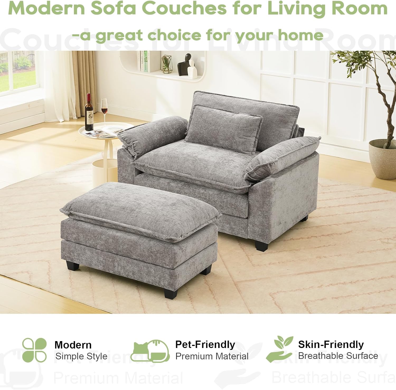 Oprisen 53' Modular Sectional Sofa, Comfy Cloud Couch Sectional Sofa with Ottoman, Chenille Sofa Sleeper Deep Seat Sofa with Throw Pillows for Living Room (Light Gray)