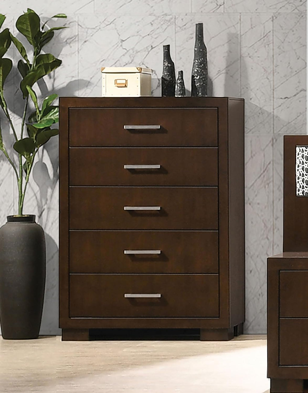 Coaster Home Furnishings - Jessica - Wood - 5-Drawer Chest with Silver Bar Handles, Felt-Lined Top Drawer and Metal Extension Glides - Contemporary - Bedroom - Cappuccino - 200715