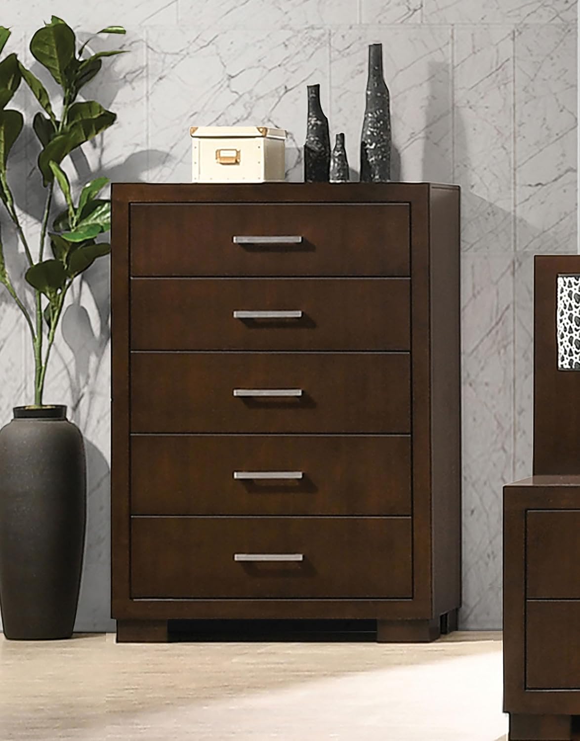 Coaster Home Furnishings - Jessica - Wood - 5-Drawer Chest with Silver Bar Handles, Felt-Lined Top Drawer and Metal Extension Glides - Contemporary - Bedroom - Cappuccino - 200715