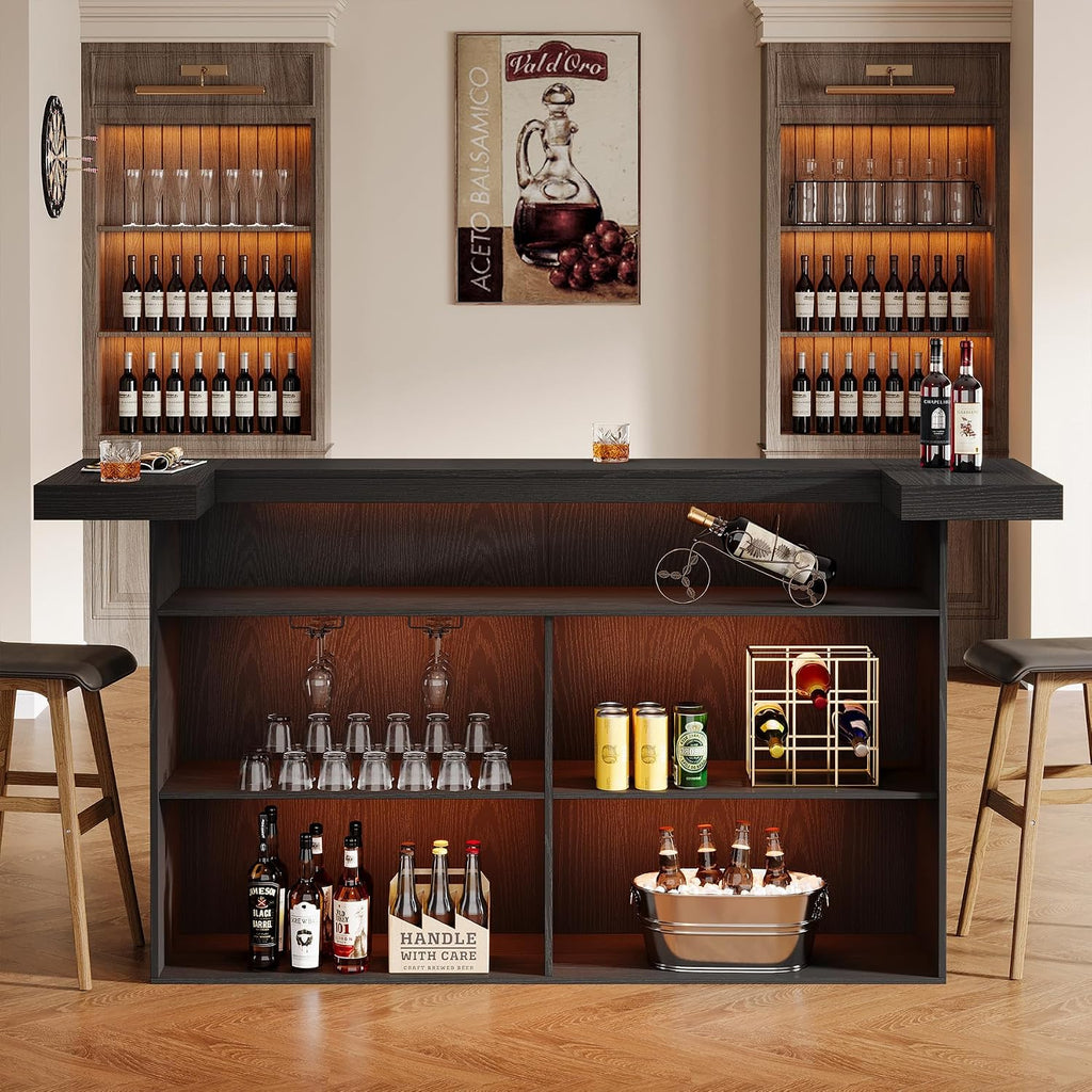 Tribesigns 4-Tier Bar Table, 70.9-Inch Large Wooden Home Bar Unit with Wine Glass Holder and Black Footrest, Pub Table with Storage Shelves for Dining Room, Living Room, Black