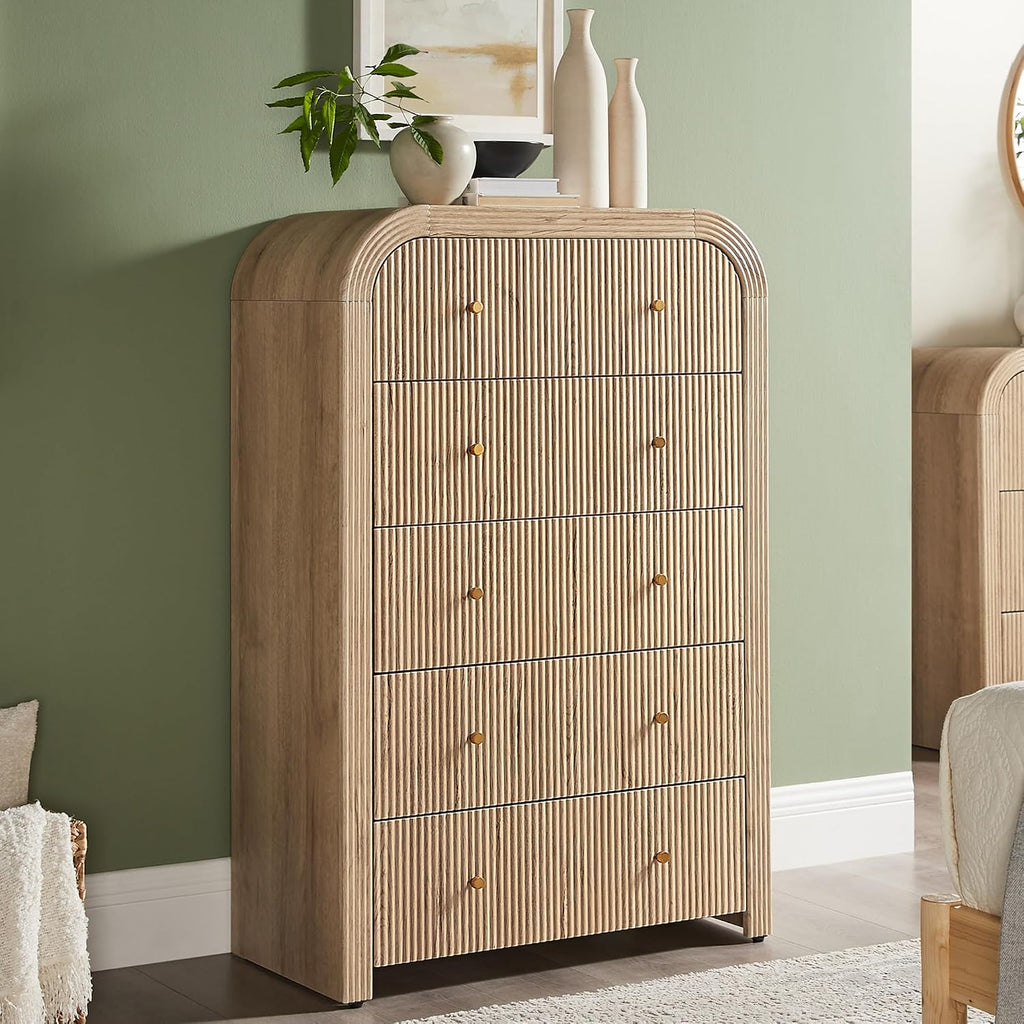 T4TREAM Fluted 5 Drawers Dresser, 48' Tall Modern Chest of Drawers with Thickened Curved Profile Design, Wood Closet Clothes Storage Organizer for Bedroom, Living Room, Hallway, Natural Oak
