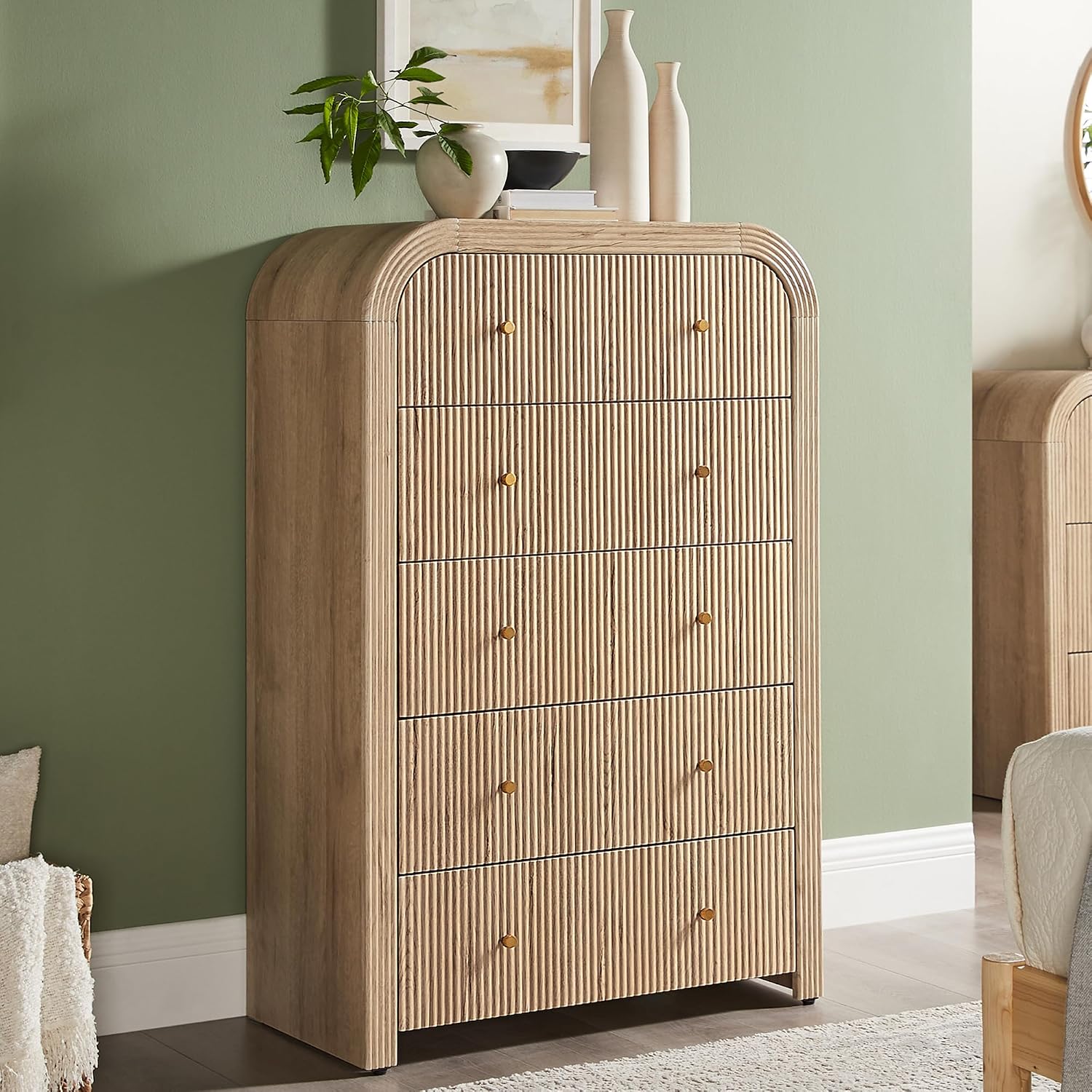 T4TREAM Fluted 5 Drawers Dresser, 48' Tall Modern Chest of Drawers with Thickened Curved Profile Design, Wood Closet Clothes Storage Organizer for Bedroom, Living Room, Hallway, Natural Oak