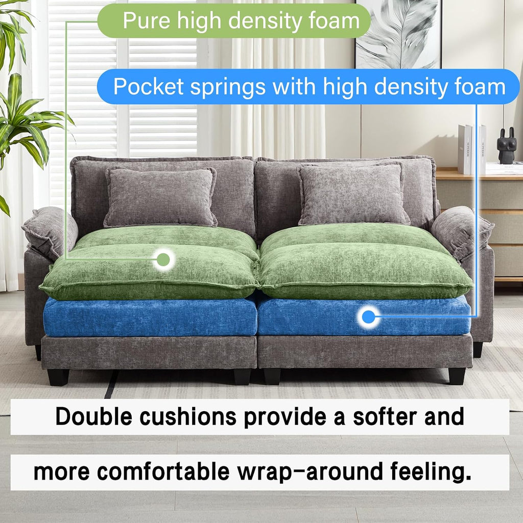 Oprisen 86' Modular Sectional Sofa, Comfy Cloud Couch Sectional Sofa with Ottomans, Chenille Sofa Sleeper Deep Seat Sofa with Throw Pillows for Living Room (Lgiht Grey)