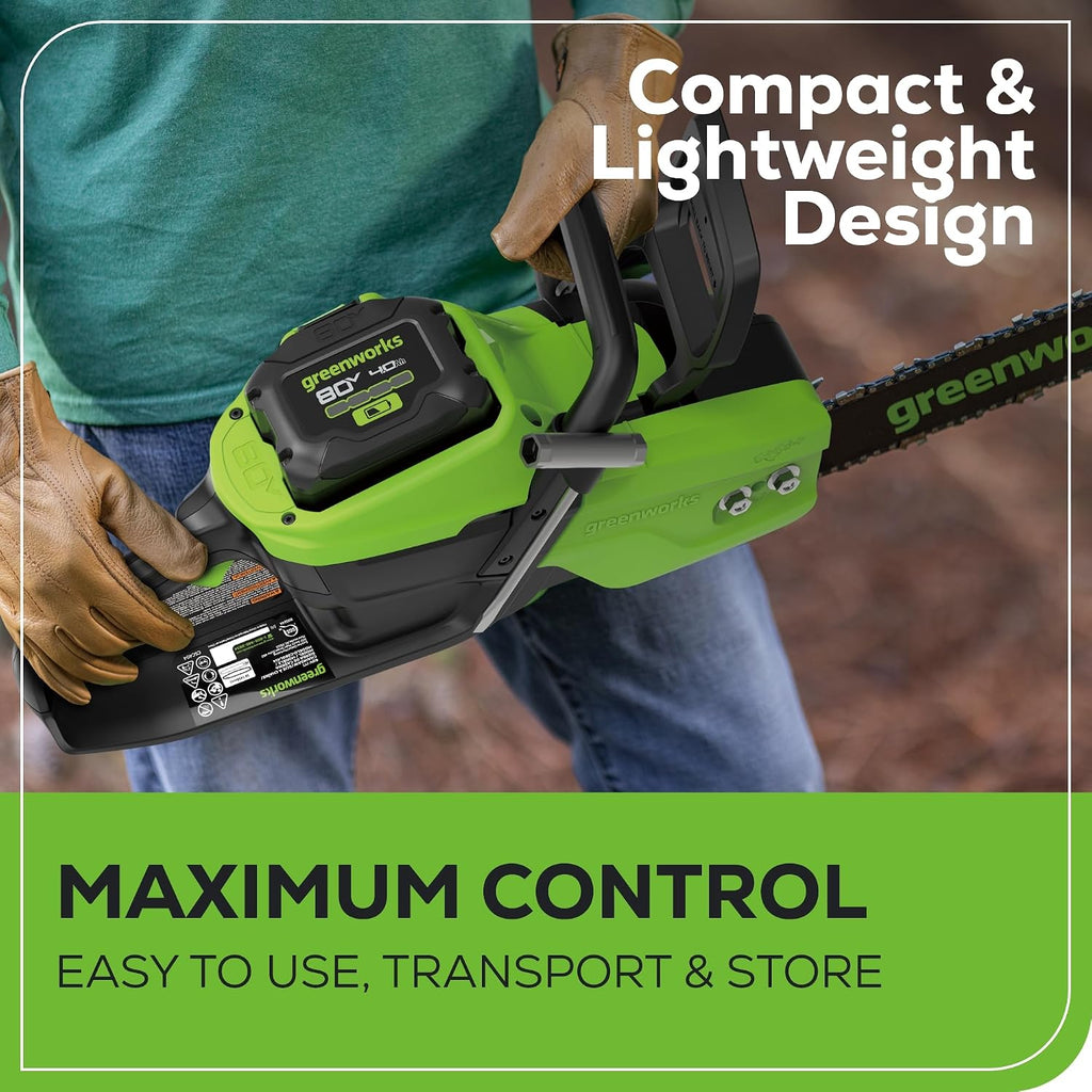 Greenworks 80V 18' Brushless Cordless Chainsaw (Great For Tree Felling, Limbing, Pruning, and Firewood), 75+ Compatible Tools, 4.0Ah Battery and Charger Included