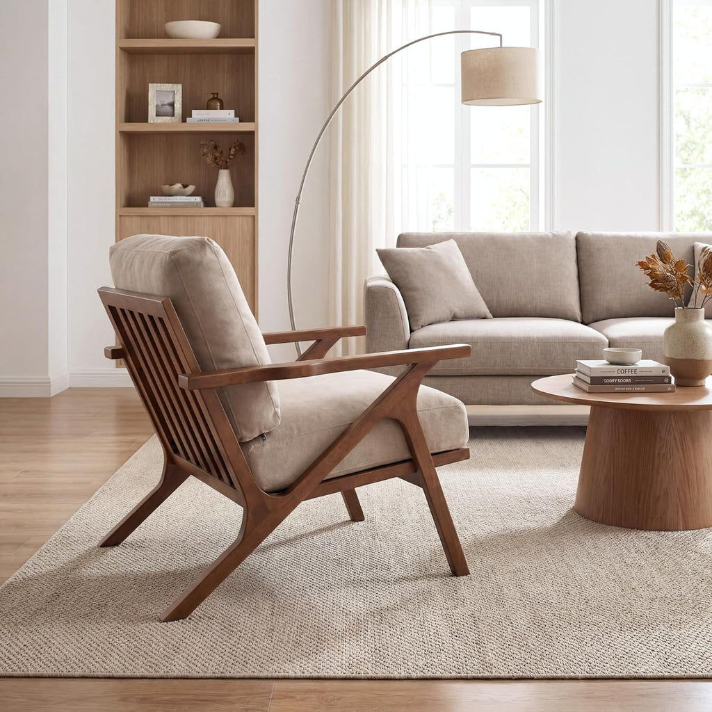 chairus Mid-Century Modern Accent Chair, Comfy Upholstered Lounge Armchair with Removable Cushions & Solid Wood Frame, Reading Chair for Living Room Bedroom Office, Beige Denim Fabric