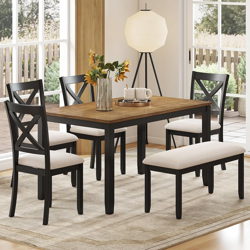 Zevemomo 6-Piece Solid Wood Dining Table Set, Including 1 Dining Table, 4 Upholstered Chairs and 1 Bench, Farmhouse Wooden Legs Dining Table Set for Living Room, Kitchen, Black