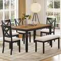 Zevemomo 6-Piece Solid Wood Dining Table Set, Including 1 Dining Table, 4 Upholstered Chairs and 1 Bench, Farmhouse Wooden Legs Dining Table Set for Living Room, Kitchen, Black