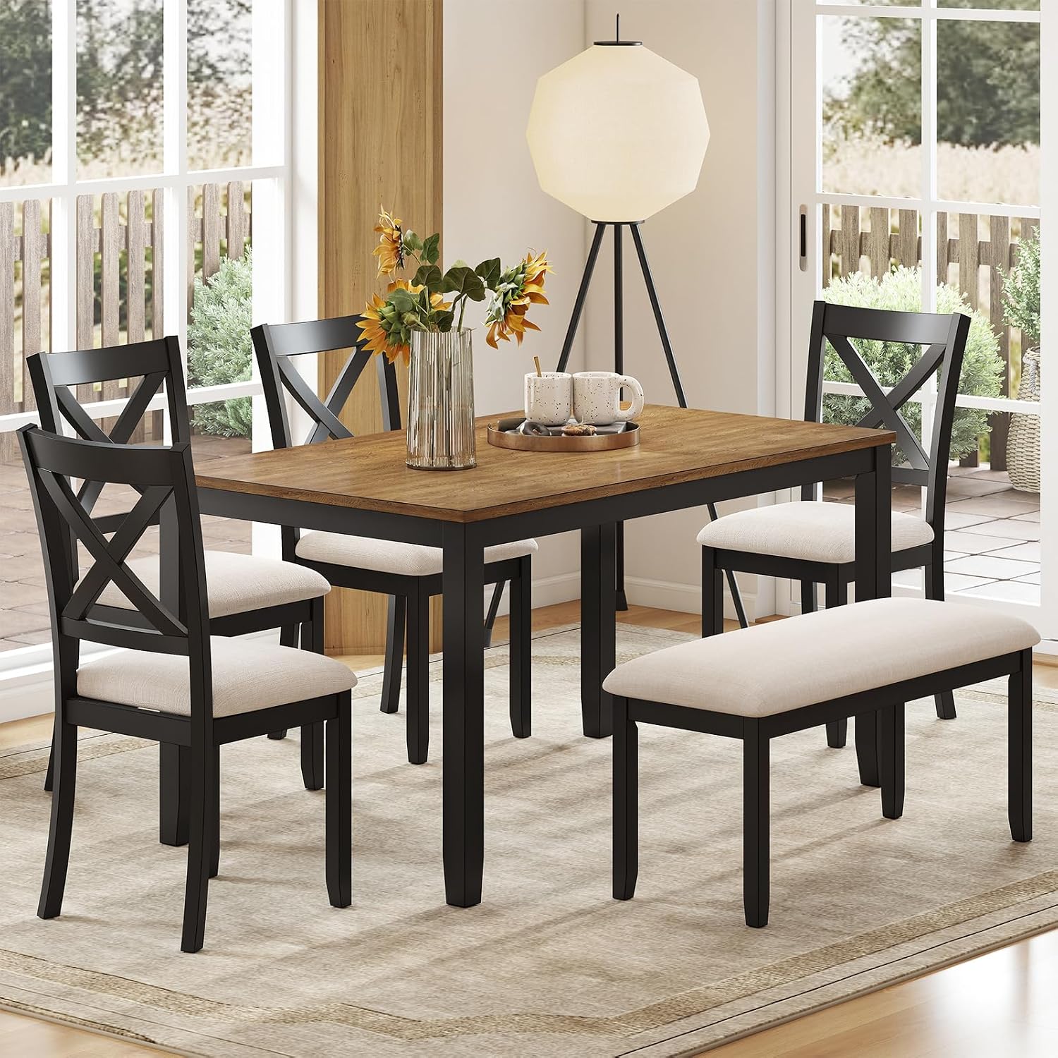 Zevemomo 6-Piece Solid Wood Dining Table Set, Including 1 Dining Table, 4 Upholstered Chairs and 1 Bench, Farmhouse Wooden Legs Dining Table Set for Living Room, Kitchen, Black