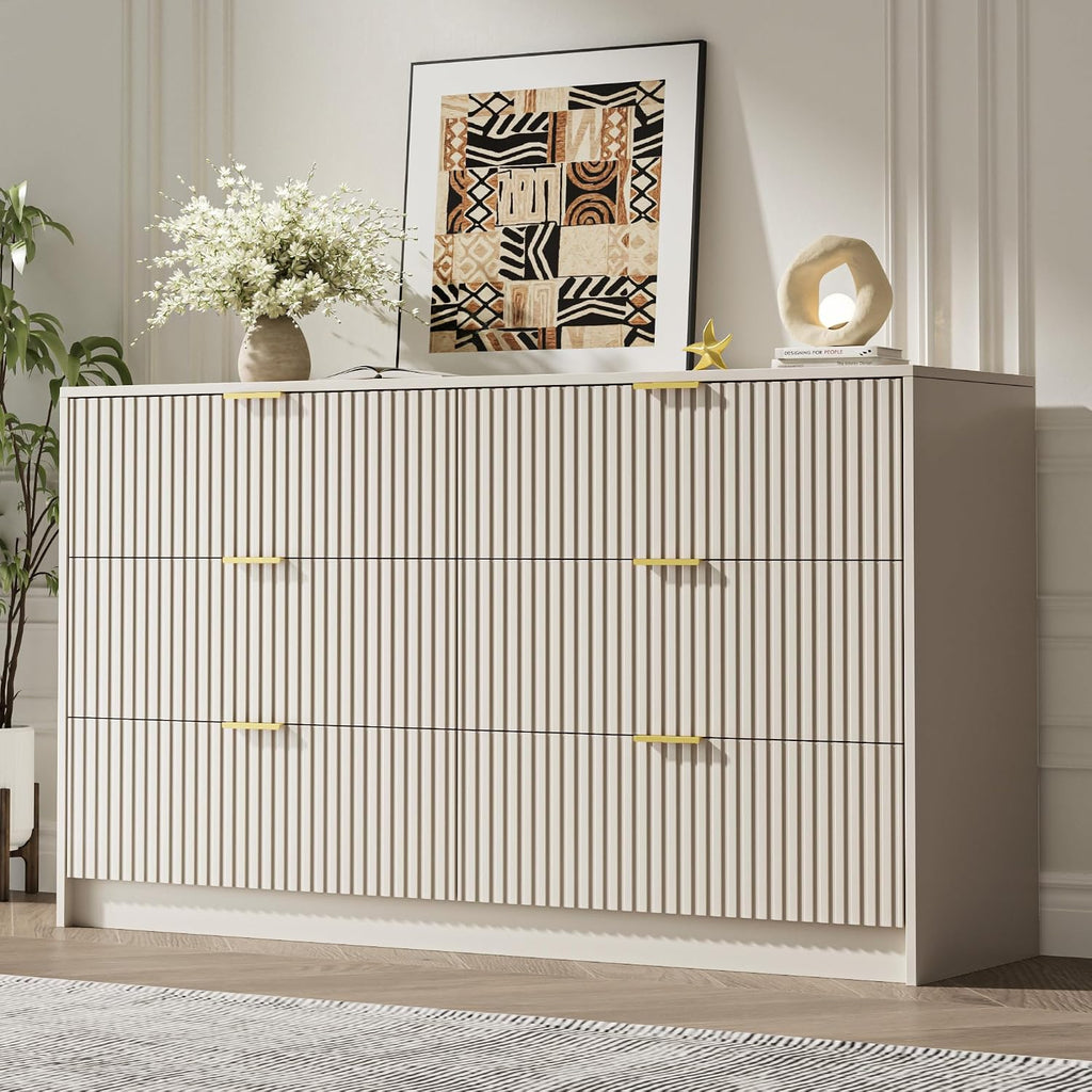MAISONARIA 6 Drawer Dresser for Bedroom, 55' Wide Modern Chest of Drawers with Gold Metal Handles, Fluted Wood TV Stand for Living Room, Hallway(Beige)