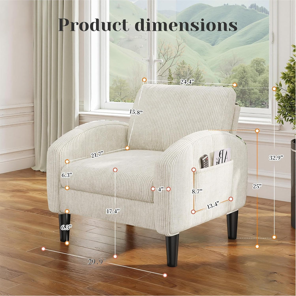 Homkdom Accent Chair for Living Room,Mid Century Modern Reading Chair with 2 Side Pockets,Upholstered Armchair for Apartment,Small Room,Beige