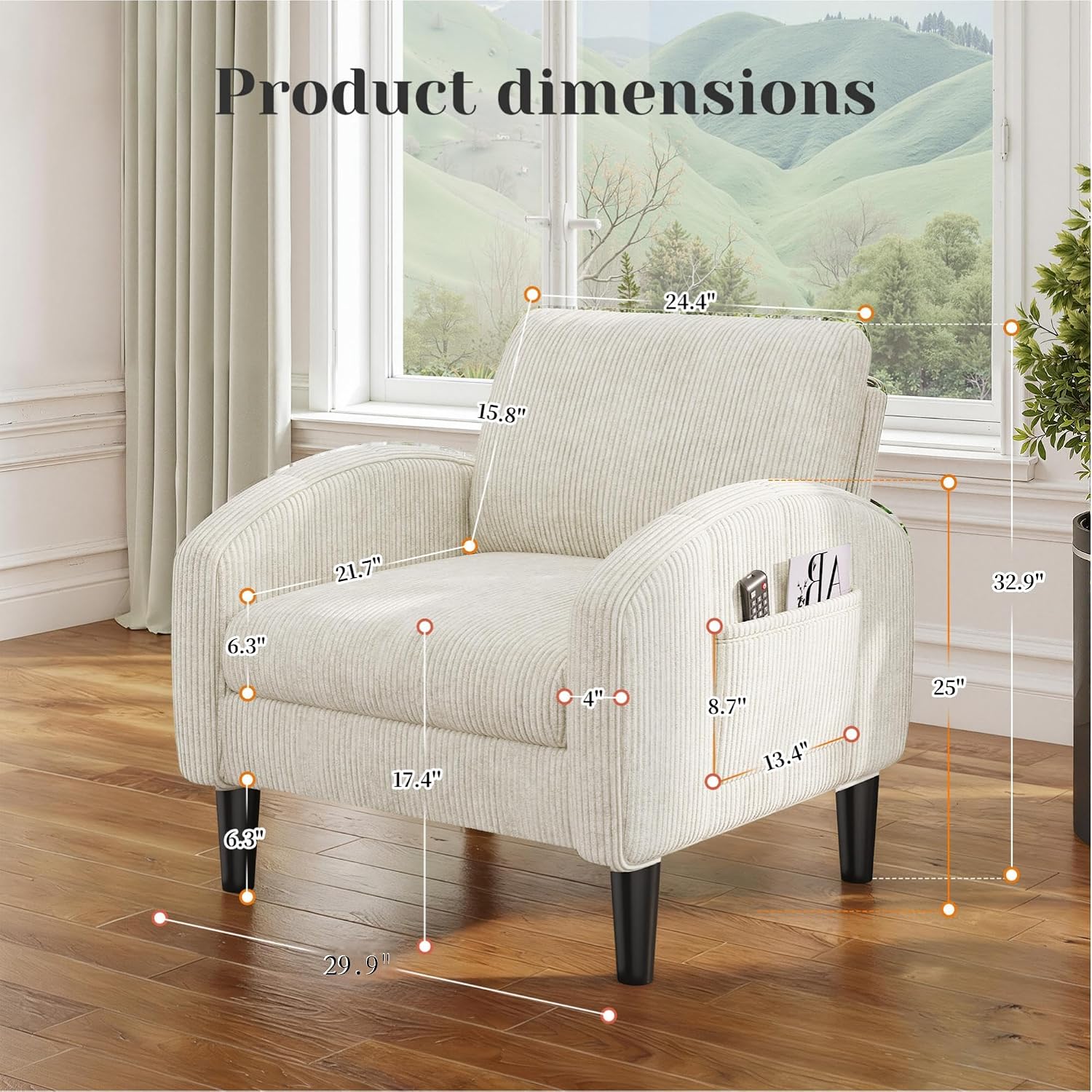 Homkdom Accent Chair for Living Room,Mid Century Modern Reading Chair with 2 Side Pockets,Upholstered Armchair for Apartment,Small Room,Beige