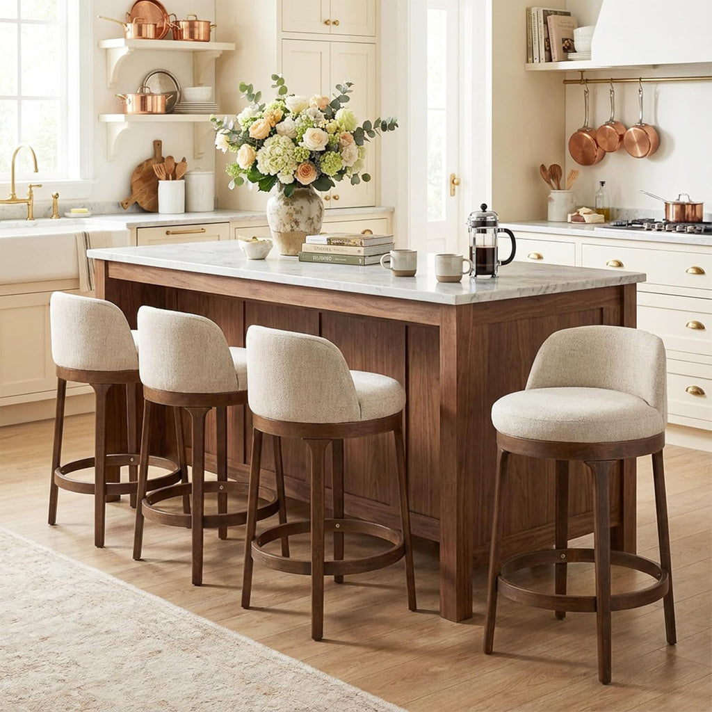 Christopher Knight Home Linhill 26.5' H Bar Stools Set of 4, Indoor Wooden Counter Stools with Round Upholstered Seat, Kitchen Stools, Rubberwood Frame with Footrest for Dining Island, Beige + Walnut