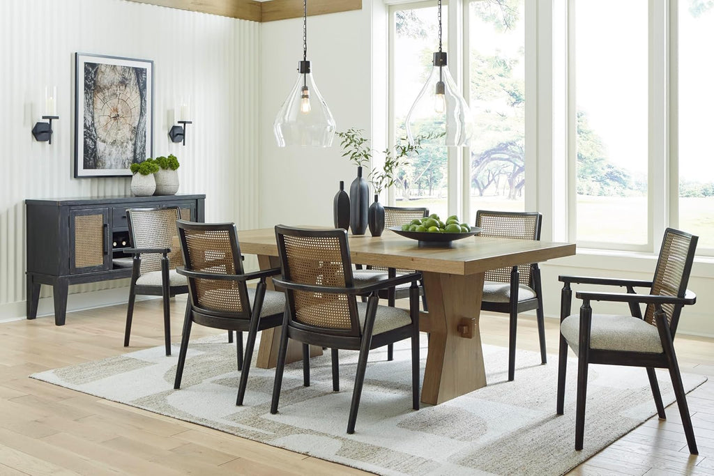 Signature Design by Ashley Galliden Farmhouse Dining Table with Extra-Thick Tabletop and Trestle Base, Light Brown