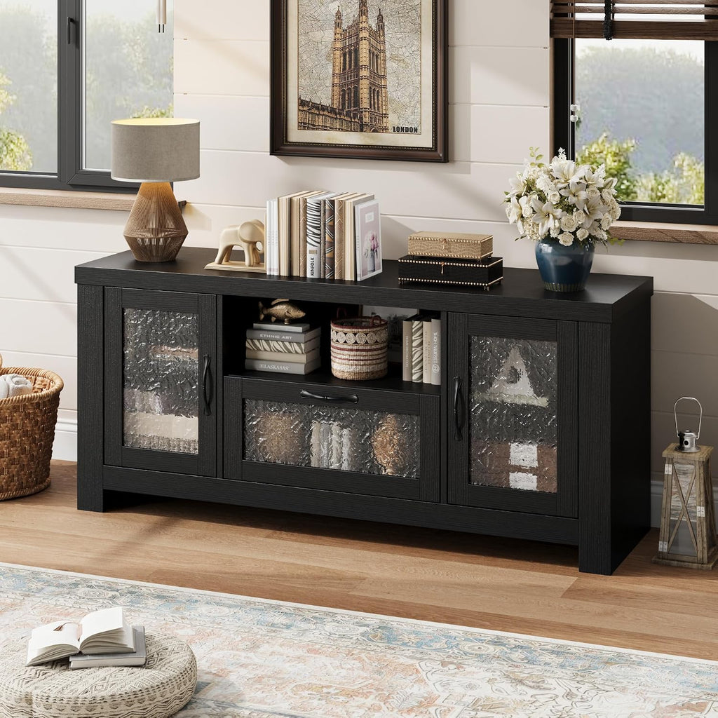 Farmhouse TV Stand for TVs up to 60 Inch, Wood Entertainment Center with Acrylic Door Storage Cabinets, Adjustable Shelves, Sturdy TV Console Table for Living Room Bedroom, Black