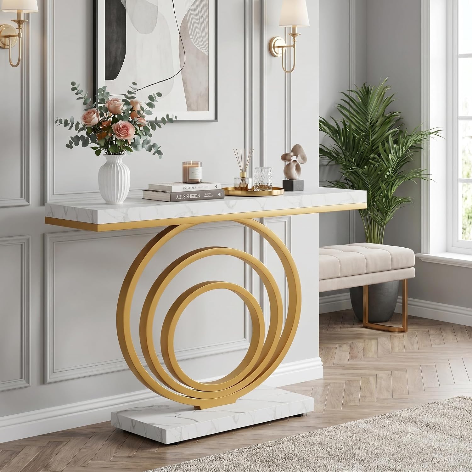 Tribesigns 41-Inch Gold Entryway Table, Modern Console Table Narrow Long, Contemporary Accent Table for Living Room, Hallway, Entrance, Faux Marble Veener Top