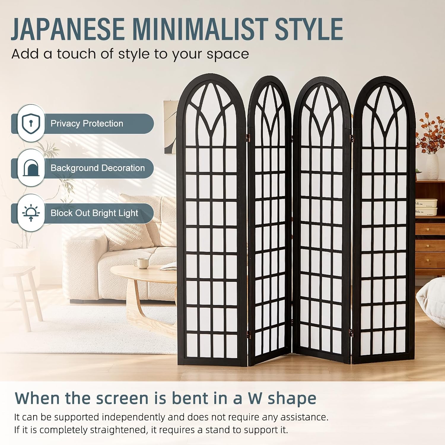 Room Divider and Folding Privacy Screen, 4 Panel Japanese Shoji Style Room Divider, Partition Divider for Room Separation, Portable Decoration Screen for Home Office Restaurant - Black