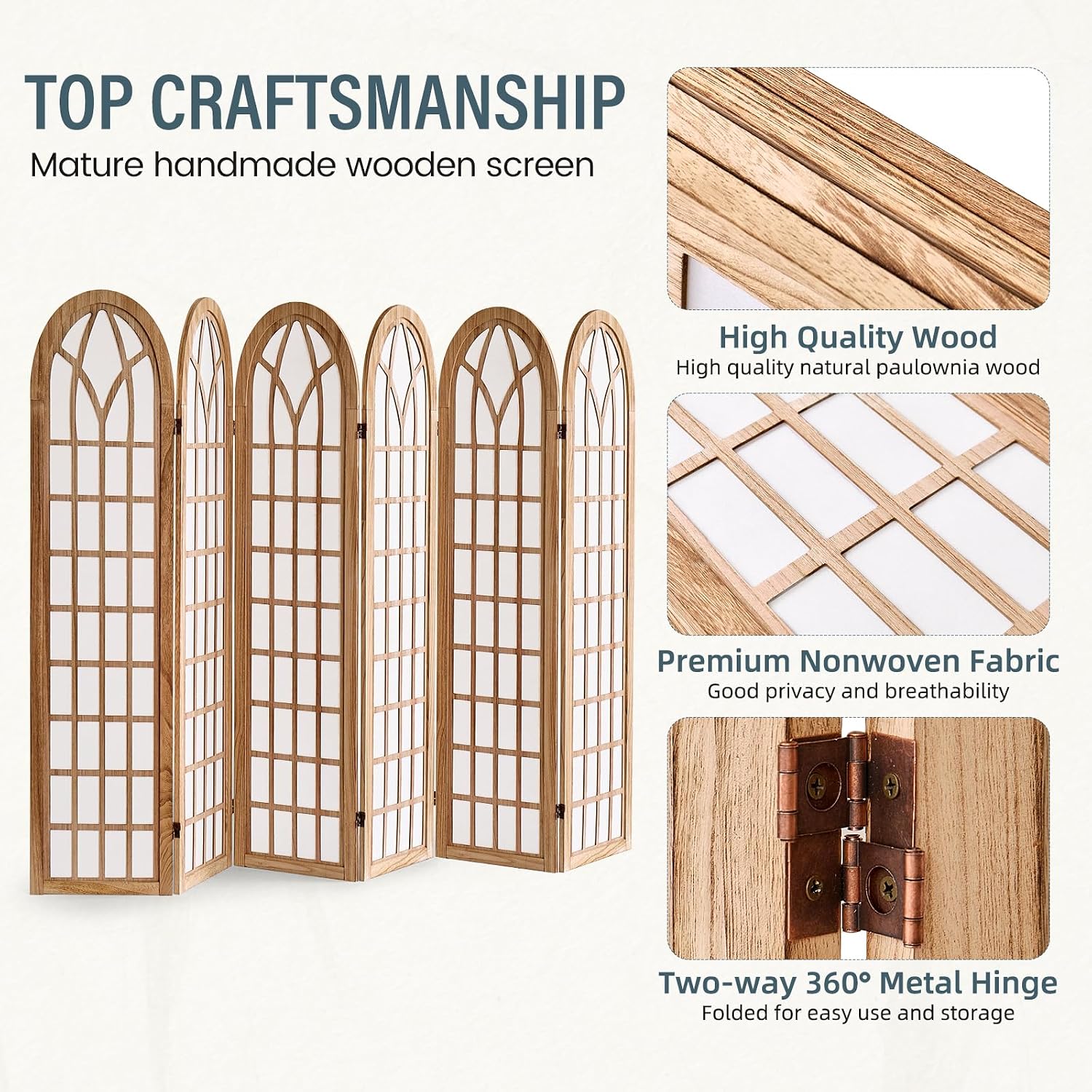 6 Panel Room Divider Wall Shoji Screen, Japanese Wood Room Divider for Room Separation, Folding Privacy Screen, Portable Room Partition for Home Office Restaurant - Natural