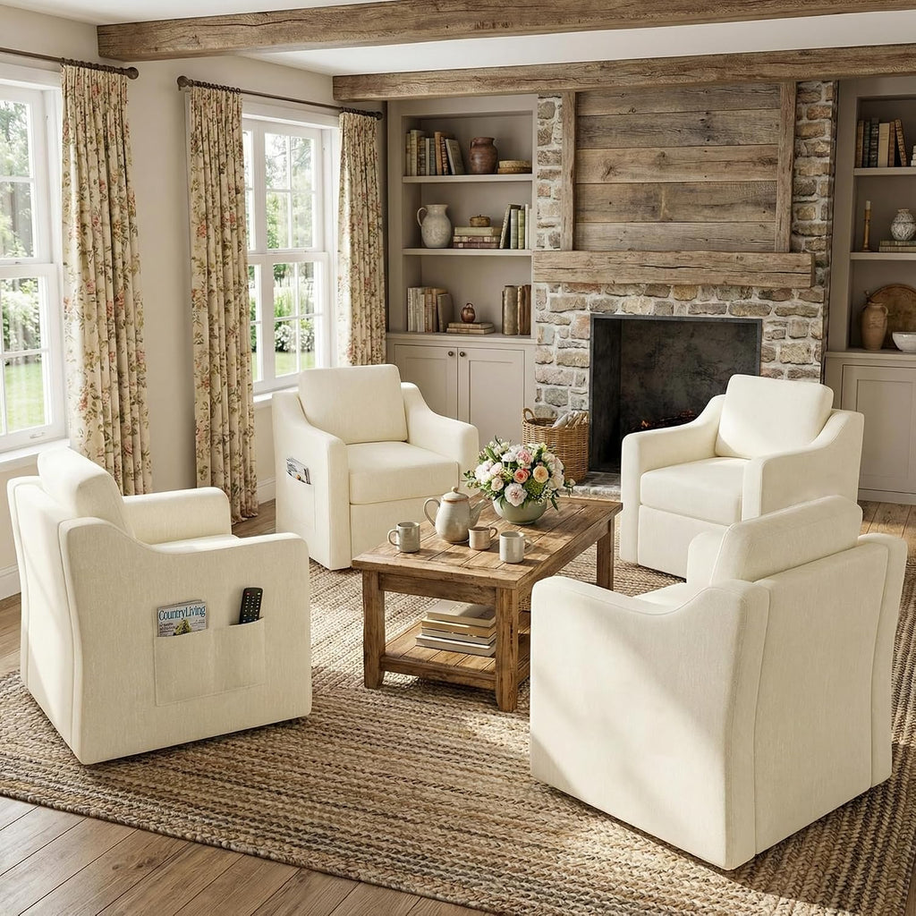 360° Swivel Accent Chair Set of 4, Large Comfy Reading Chairs, Square Single-Seat Armchair Upholstered Sofa for Reading, Nursery, Living Room, Bedroom, Lounge, Hotel, Beige