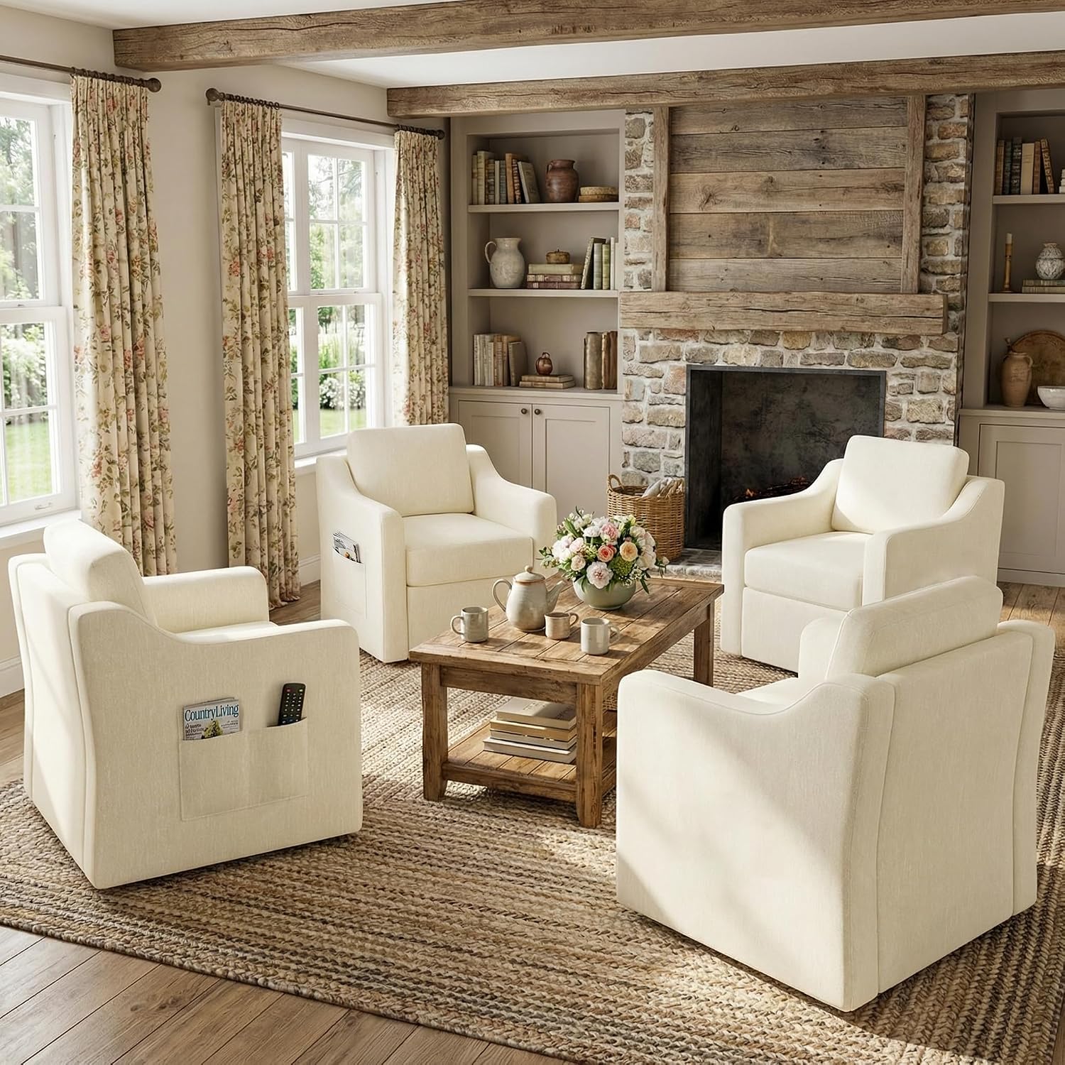 360° Swivel Accent Chair Set of 4, Large Comfy Reading Chairs, Square Single-Seat Armchair Upholstered Sofa for Reading, Nursery, Living Room, Bedroom, Lounge, Hotel, Beige