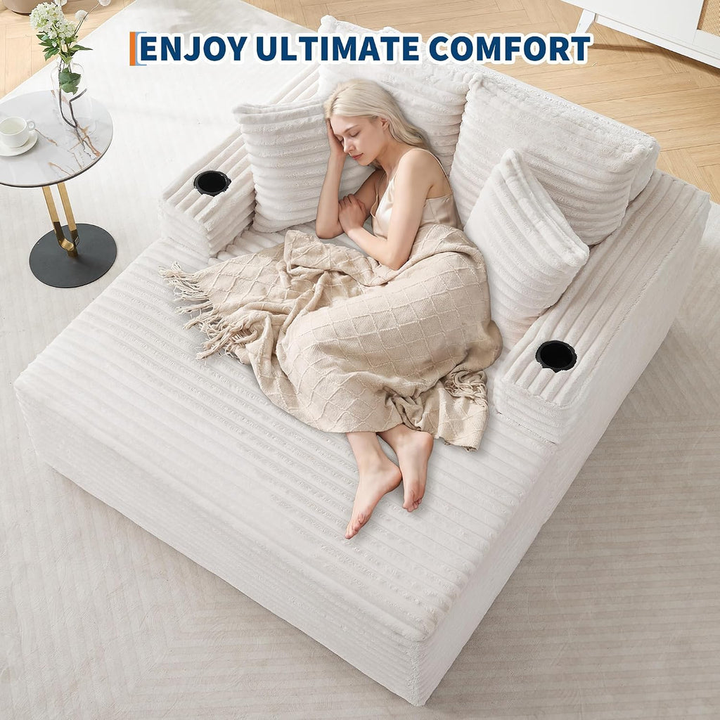 GarveeHome 64in Oversized Corduroy Fabric Bone-Free Sofa Bed Cloud Sofa with Cup Holders and Pillows Comfortable Deep-Seat Sleeping Sofa Chair Suitable for Apartments, Living Rooms, Bedrooms - Beige